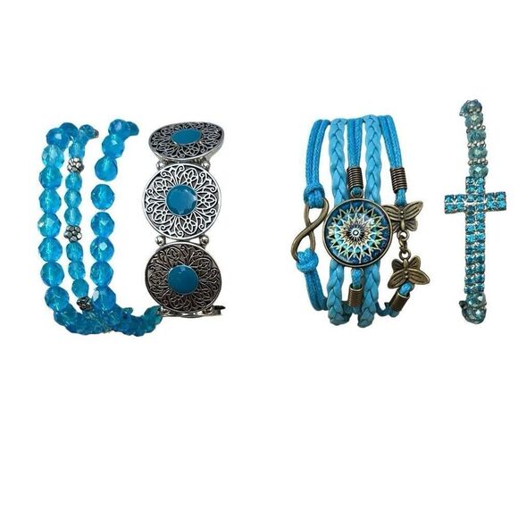 Lot of 4 Mixed Stretch And Beaded Bracelets Blue Silver-tone Multi Design Bundle - Picture 4 of 9